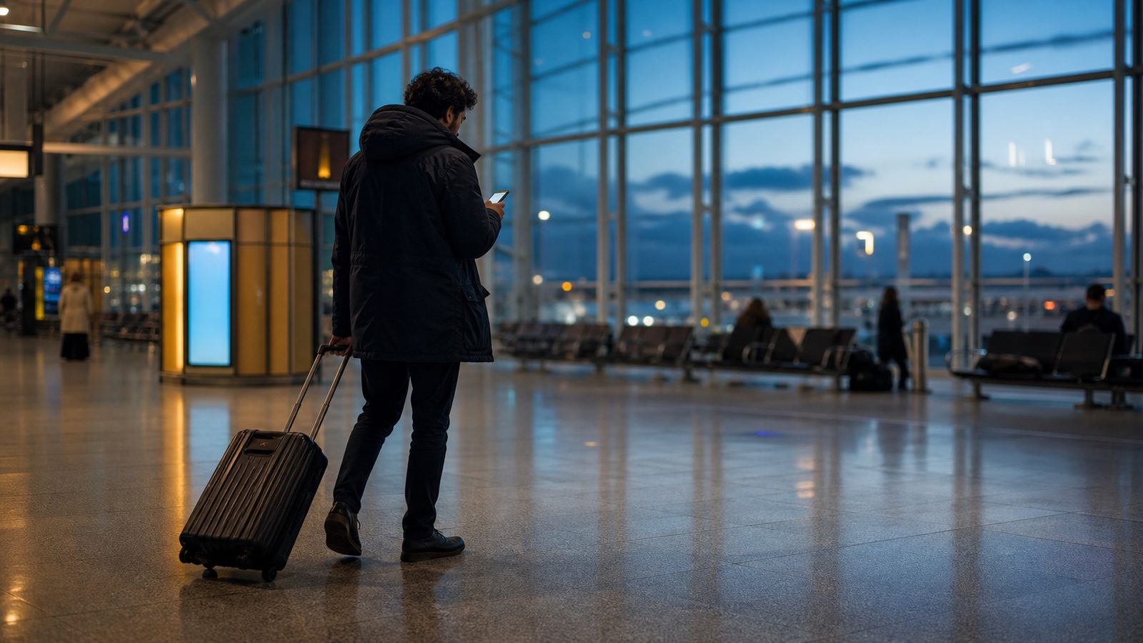 A traveller pausing in an airport terminal at dusk to read a message on their phone.